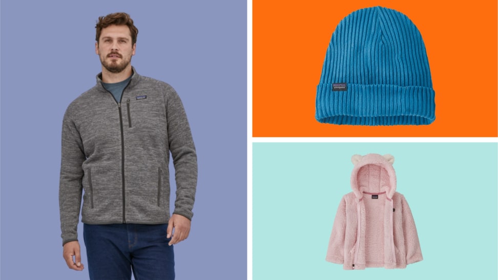 Three Patagonia items in front of colored backgrounds.