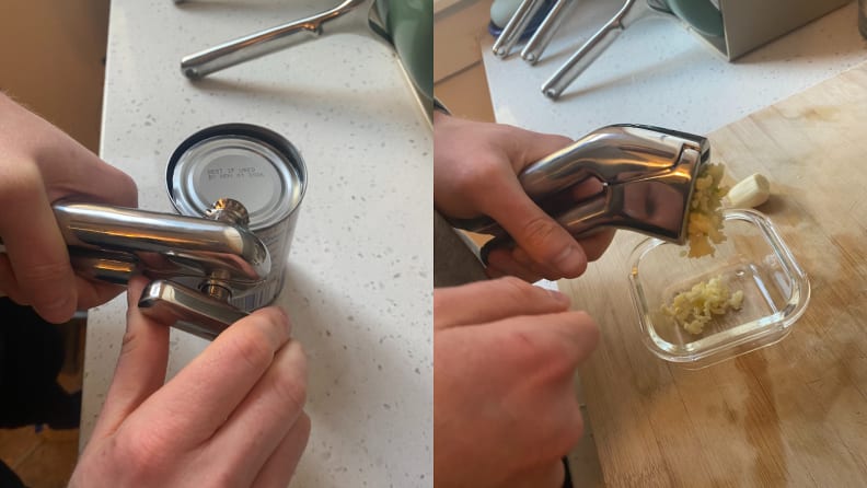 On left, person using can opener on small tin can on countertop. On right, person squeezing fresh garlic out of garlic press into glass container.
