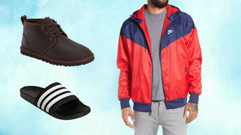 Men's shoes and person wearing red and blue jacket in front of blue background.