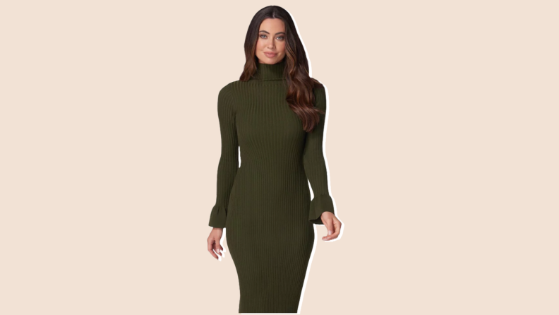 Photo of a woman wearing a sage green turtleneck dress from Bebe sold at Macy's.