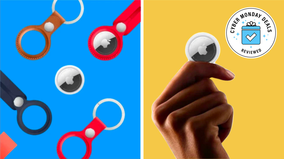 Left, Apple AirTags on blue background. Right, a hand holding one.