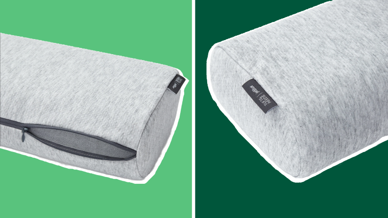 Product shots of the granite gray Tuft & Needle Anywhere Travel pillow including zipper part.