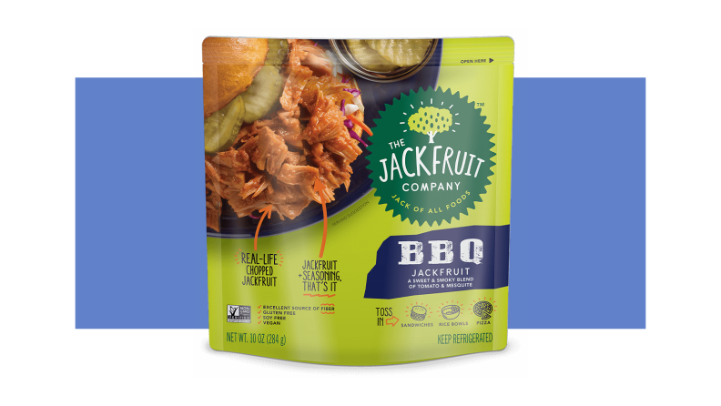 A green bag of The Jackfruit Company's BBQ jackfruit.