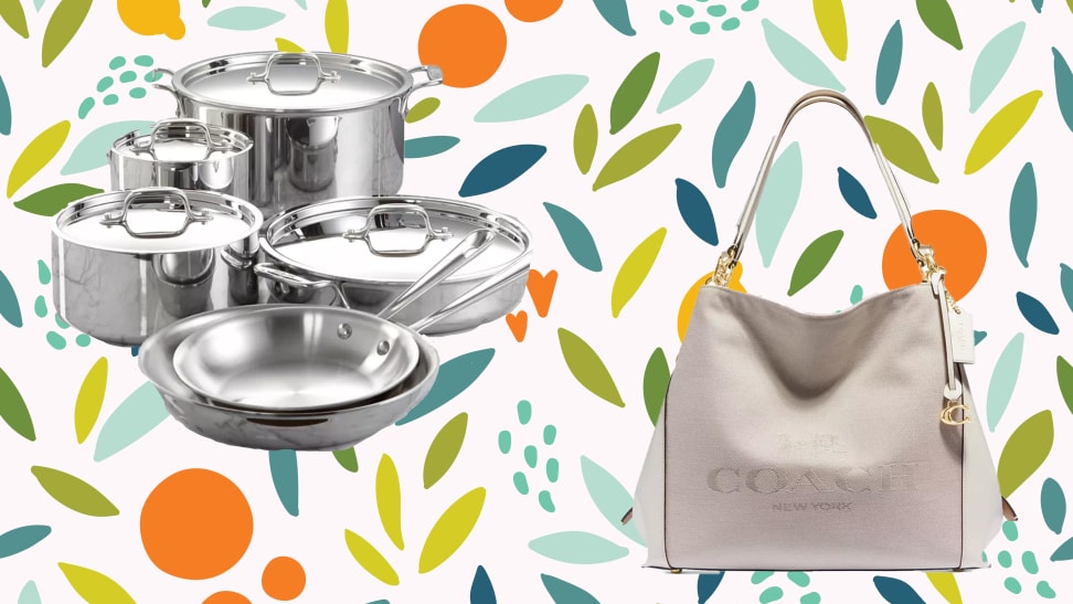 A cookware set and a Coach bag, on a bright floral background.