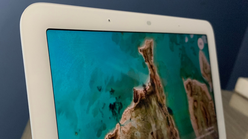 Google's Nest Hub (second-gen) smart display up close on a nightstand.