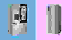 Two different LG refrigerators in front of colored backgrounds.