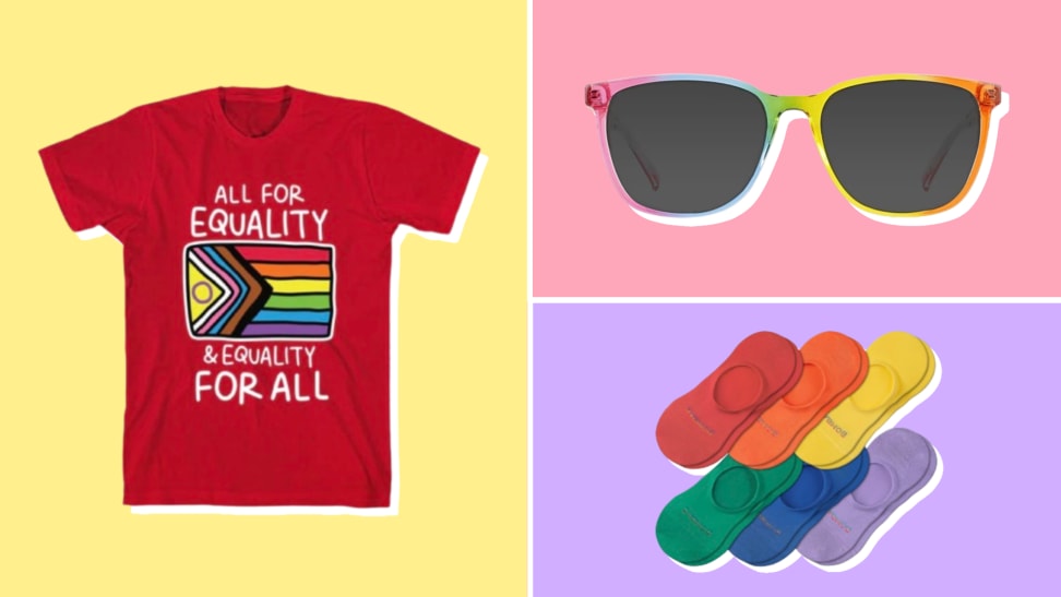 A collage featuring a red shirt, rainbow socks, and rainbow-framed sunglasses.