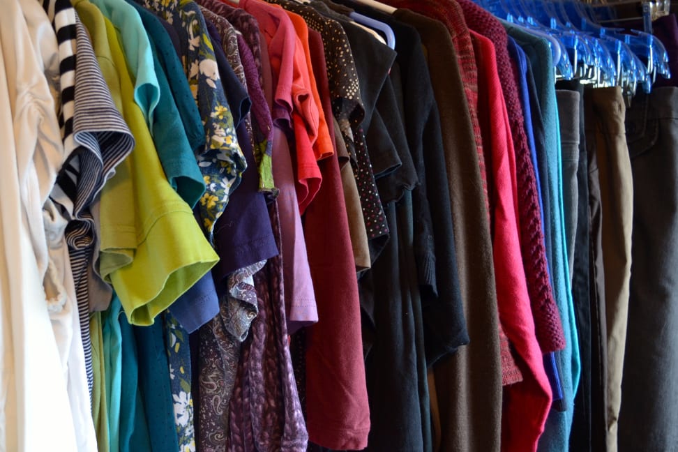 Clothes hanging in a closet