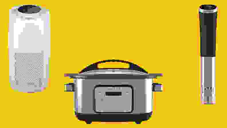 Cooking items and equipment against yellow background.