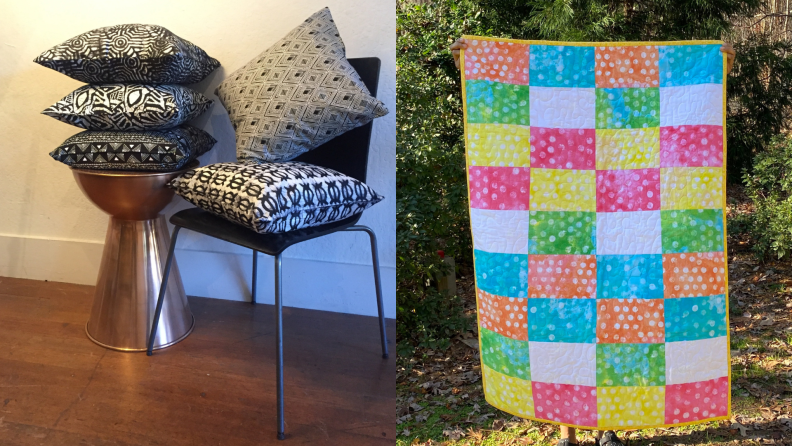 Left: handmade pillows on a table and chair, Right: handmade colorful quilt