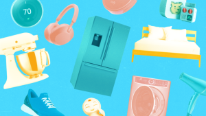 Various appliances, furniture items and more on a blue background