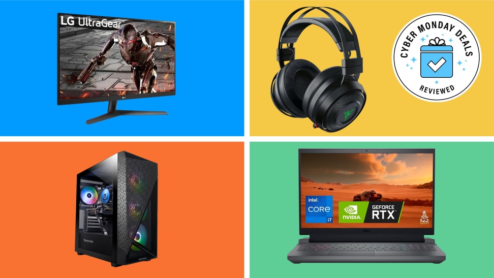 Four gaming products with the Cyber Monday Deals Reviewed badge in front of colored backgrounds.
