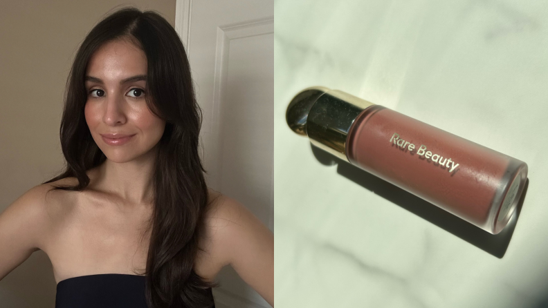 Portrait of a woman and a tube of Rare Beauty liquid blush against a marbled background.