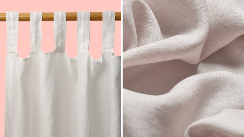 On left, white linen curtains from Piglet in Bed hanging on wooden rod. On right, close up shot of oatmeal colored linen sheets from Piglet in Bed.