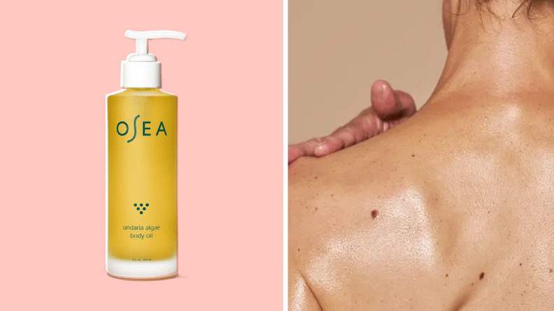 On the left: A pump bottle containing a yellow oil on a pink background. On the right: A closeup on a model's back as they apply oil to it.