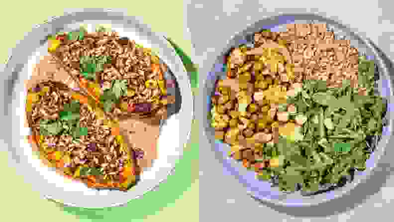 Left: Stuffed sweet potato on a plate with sauce. Right: Plated grain bowl with rice and vegetables