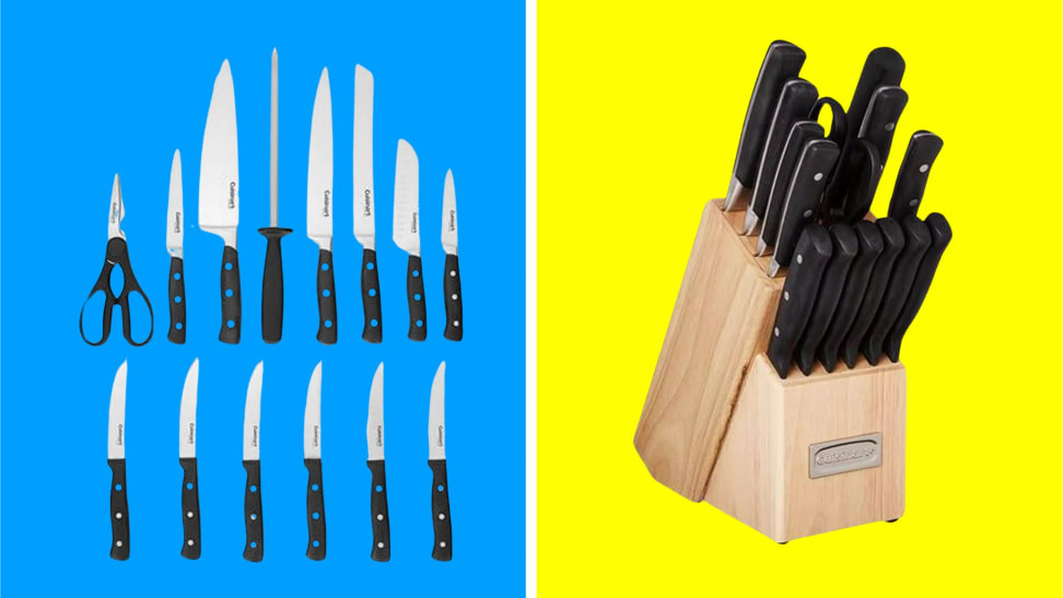 The Cuisinart C77TR-15P knife set in front of colored backgrounds.