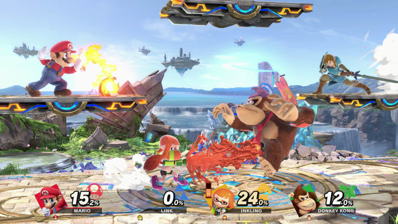 Mario, Link, Donkey Kong, and the Splatoon Inkling duke it out on a small cobblestone platform in the sky.