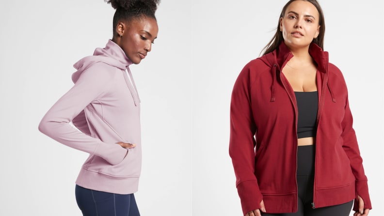 Women wearing athleta running jacket in lavender and red.