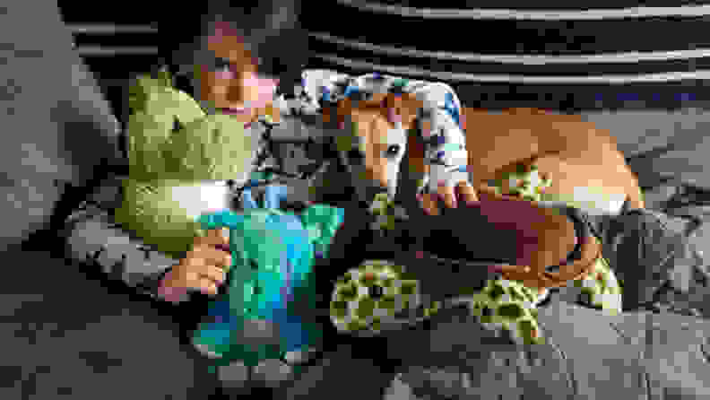 A child and a puppy sit with a menagerie of Warmies toys.