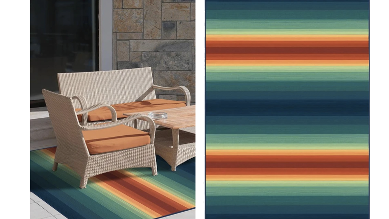 Two images of a brightly striped multicolor rug