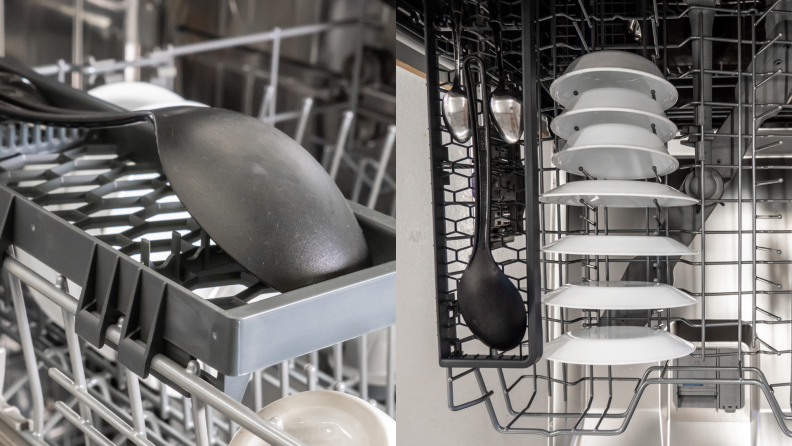 Two side by side images of a dishwasher's upper rack that is full of dishes and serving spoons