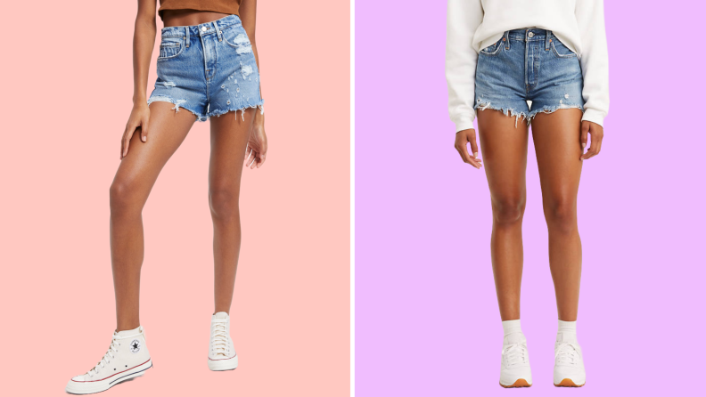 Models wearing blue denim shorts.