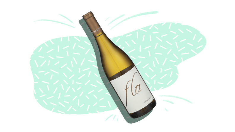 A silhouetted bottle of Flo Chardonnay wine on a mint and white patterned background.
