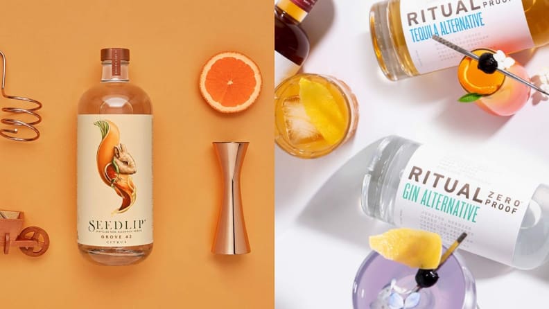 Left: A bottle of Seedlip alcohol-free citrus spirit lays atop a light orange background next to a gold jigger, an orange segment, and other bar tools. Right: Bottle of Ritual non-alcoholic spirits are strewn about a white background amidst lemons, oranges, mixed drinks, and bar tools.