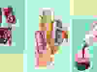 Left to right: Stacked Ghia Spritz cans, three hands holding Mixoloshe cans, a hand pouring Gruvi sangria into a glass