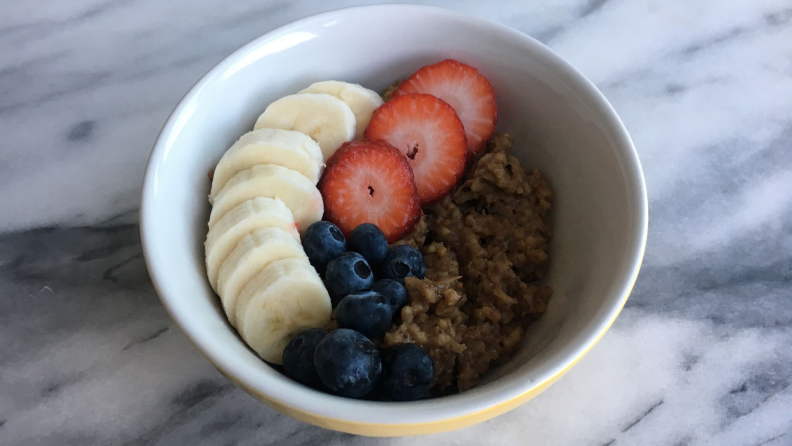 Instant Pot steel cut oats with bananas, blueberries, and strawberries