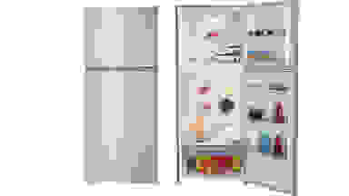 Two instances of the Beko fridge in a white void. On the left its doors are closed, showcasing its exterior. The second has its door open, showcasing its internal storage. Each bin and shelf is fully stocked with food.