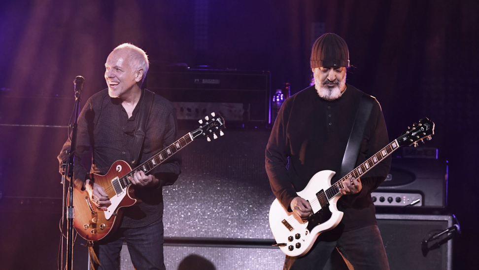 Guitarists Peter Frampton and Kim Thayil of Soundgarden play onstage in a 2019 tribute to the late Chris Cornell.