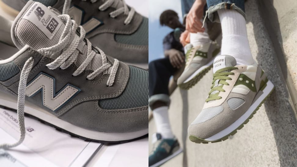 On the left, a grey pair of New Balance 574s, unlaced, sitting on a countertop. On the right, a pair of green and grey Saucony Shadow shoes worn on someone's feet whose legs are dangling off of a wall.