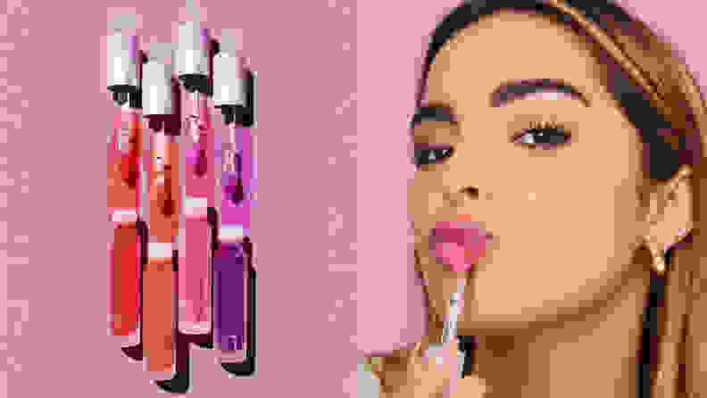On the left: Four tubes of the Item Beauty Lip Quip Moisturizing Lip Oil in pink, purple, and red shades with the wands hovering above the tubes with formula in them. On the right: Addison Rae making a kissy face and applying the Lip Quip to her lips in a pink shade.