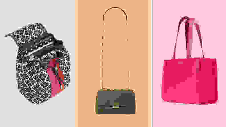 A flower patterned bag open and showing a wallet and an iPhone, set against a gray background on the left. An olive purse with chain handle against an orange background in the middle. A hot pink handbag set against a pink background on the right.