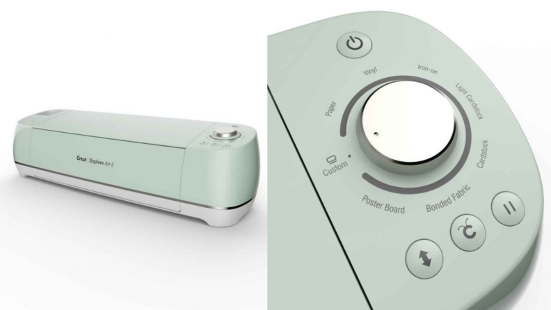 On left, product shot of mint green cricut explore air 2. On right, close up shot of mint green cricut explore air 2.