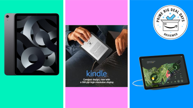 An iPad, Kindle, and Google Pixel Tablet against green, pink, and blue backgrounds.