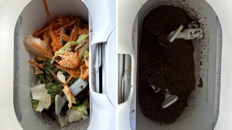 Side-by-side shot of the Mill Food recycler with and without food.