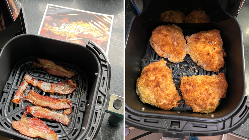 On left, cooked bacon inside the basket of the Proscenic T22. On right, breaded, cooked chicken  inside the basket of the Proscenic T22.