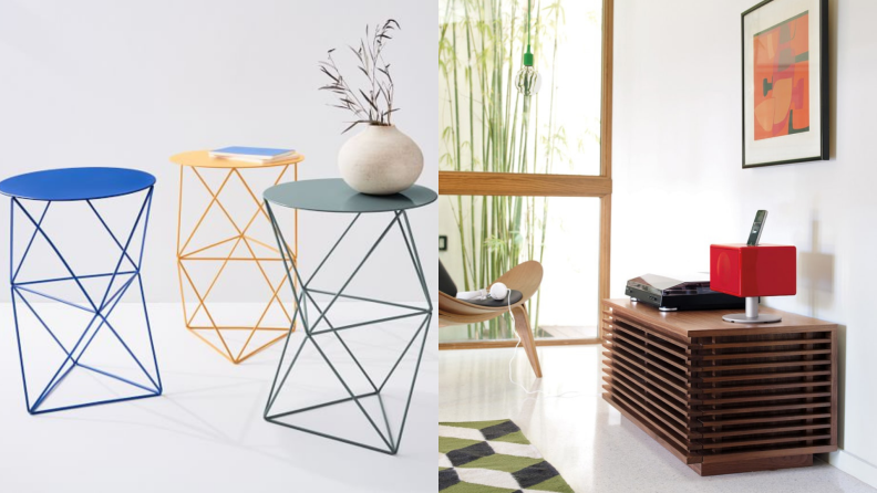 Eric Trine and his Amigo Modern brand has collaborated with West Elm on these modern octahedron pedestal tables, at left. Nathan Yong’s Line Collection, seen at right in the media console, is a favorite at Design Within Reach.
