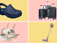 A collage of on-sale Walmart products, including Crocs shoes, a Dyson vacuum, and a set of Carote cookware.