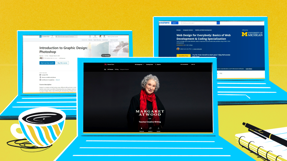 Snapshots of the best online learning platforms available today. From left to right: LinkedIn Learning, MasterClass, Coursera.