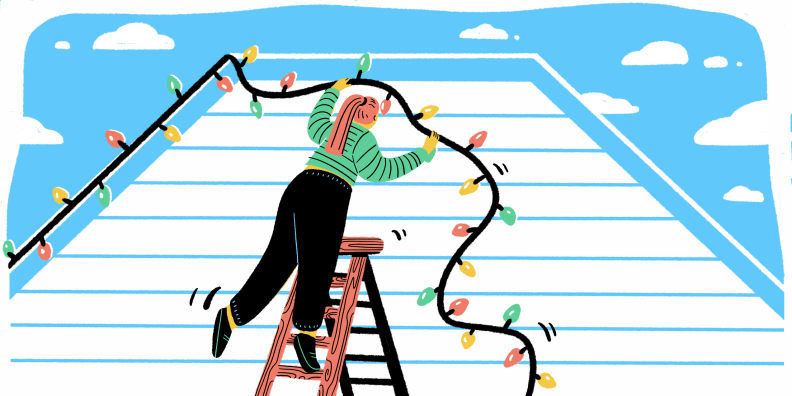An illustration of a person standing on a ladder while hanging lights outside.