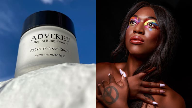 a white container of cream sitting on a white concrete ledge with the blue sky in the background next to a beautiful Black woman looking up with a black background while she's wearing a lot of makeup