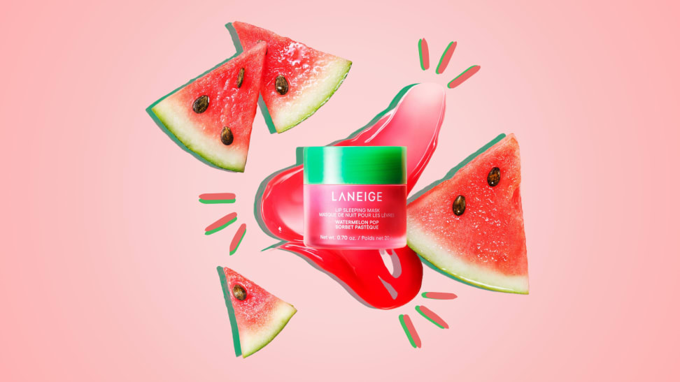 Collage of Laneige Watermelon Pop Lip Sleeping Mask surrounded by watermelon slices against a pink background