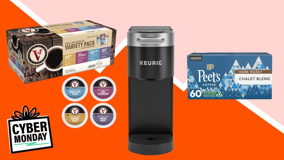Keurig and K-cups on pink and red background
