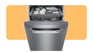 A dishwasher stands open on an orange background