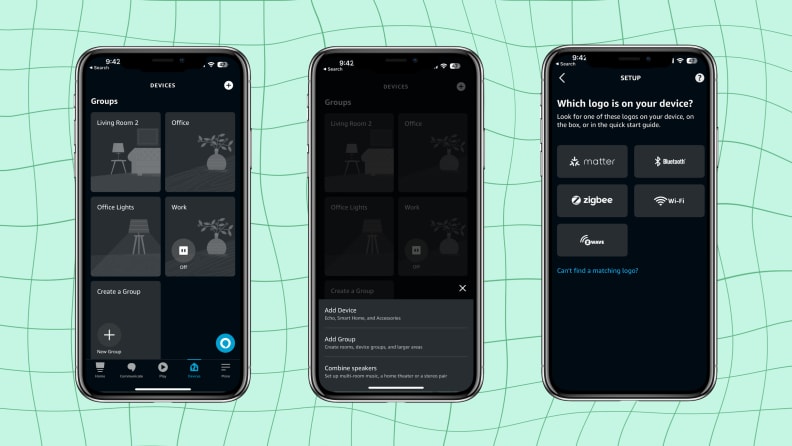 Three screenshots that show how to connect Matter devices in the Alexa app