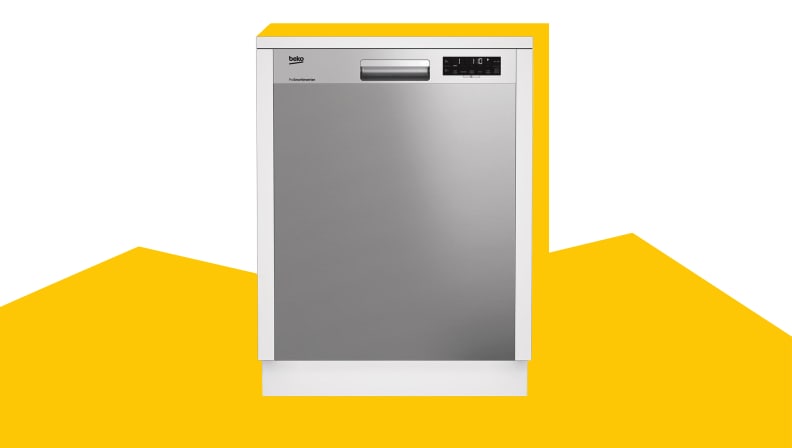 A Beko DUT25401X dishwasher on a yellow and white background